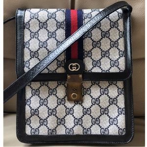 Rare Authentic Vintage Gucci Parfums Web Leather Monogram Messenger Flap Bag